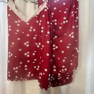 Sleep set . Soft type fabric.soft. Floral Lace Trim Cami & pants.dark Red